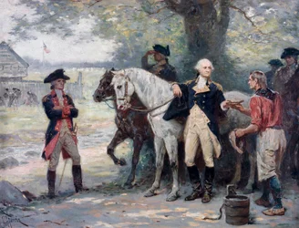 Guerra de la Independencia Americana (1775-1783): George Washington (1732-1789) a medio camino de Brook, cerca del campamento militar del Ejército Continental, un joven le trae una bebida - Pintura de Jean Leon Gerome Ferris (1863-1930 )