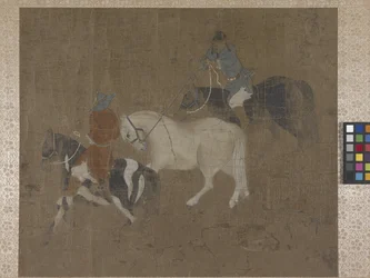Jinetes guiando un caballo blanco (colores sobre seda)