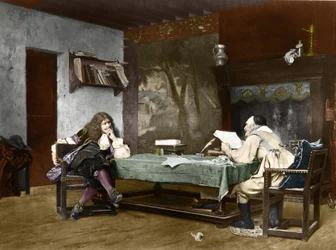 Los autores Jean-Baptiste (Jean Baptiste) Poquelin dit Moliere (1622-1673) y Pierre Corneille (1606-1684). Siglo XIX (litografía según el cuadro de Jean-Leon (Jean Leon) Gerome)