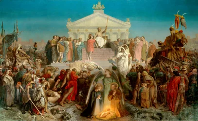 Siglo de Augusto: nacimiento de Nuestro Señor Jesucristo. Triunfo de Augusto (Octavio, 63 a.C.-14 d.C.), emperador romano. Ilustración de la obra “Histoire universelle 9eme epoque” por Jacques Benigne Bossuet (1627-1704). Pintura de Jean Leon Gerome
