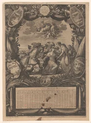 Calendario de 1659: Alegoría sobre la sumisión de Flandes a Luis XIV Calendario anterior a 1659: Alegoría de la rendición de Flandes a Luis XIV Almanach, pour l