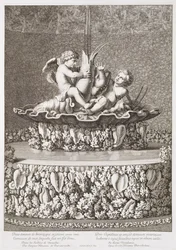 Fuente con dos cupidos montando un cangrejo de río, diseñada por Jacques Houseau, en Versalles