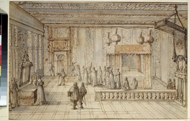 El dormitorio del rey Luis XIV (1638-1715) en Versalles. La Cámara del Rey Luis XIV en Versalles. Dibujo de Jean Le Pautre (1618-1682)