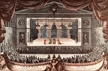 "Le malade imaginaire" (El enfermo imaginario) de Jean Baptiste Poquelin dit Molière en Versalles (grabado en color)