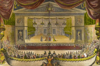 Representación del enfermo imaginario en Versalles. La representación de la obra de Jean Baptiste Poquelin, conocido como Molière (1622-1673), frente a la cueva de Tetis en los jardines de Versalles en presencia del Rey Luis XIV, en el centro