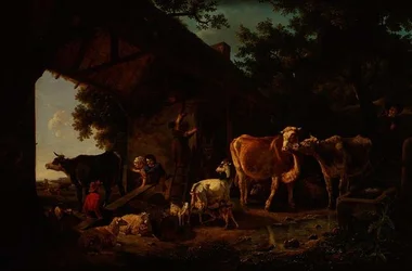 Animales saliendo del granero