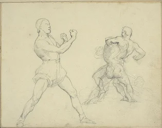 Boxeador mirando a la derecha y dos hombres luchando