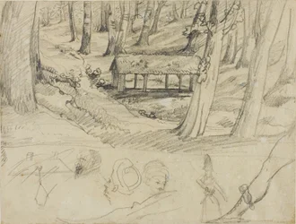 Interior de bosque con cabaña de paja y otros bocetos