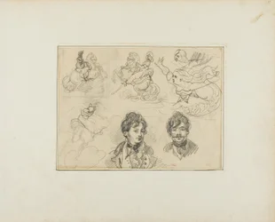 Hoja de Bocetos: Jinetes, sirenas y dos retratos de hombres jóvenes