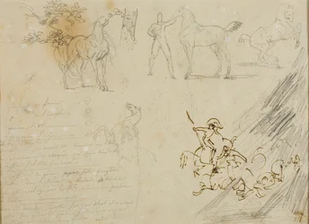 Bocetos de caballos, mozo de cuadra sujetando un caballo, un combate de caballería