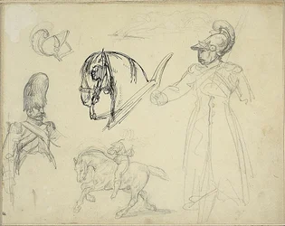 Bocetos de caballos y soldados