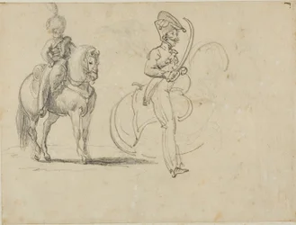 Bocetos de un chasseru montado y de un oficial de caballería con sable desenvainado