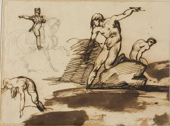 Estudio de Napoleón a caballo con bocetos de desnudos entre rocas