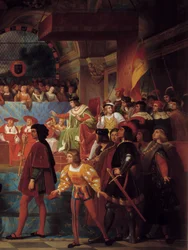 El rey Luis XII proclamado padre del pueblo en los Estados Generales de Tours el 14 de mayo de 1506 (detalle). Pintura de Jean Louis Bezard (1799-1861)