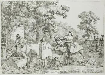 Vaca y caballo en el abrevadero