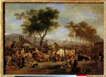 Feria en la entrada de un pueblo. Escena de comida y comercio en una feria de pueblo. Pintura de Jean-Louis Demarne (1744-1829)