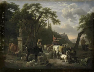 Paisaje italiano con pastores y animales junto a una fuente