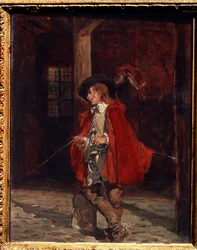 ""Le swashbuckler in a red cloak"" (Capuchón con capa roja) representación de un mosquetero, amante de los duelos a espada, apoyado despreocupadamente contra un poste. Pintura de Ernest Jean Louis Meissonier (1815-1891) Museo Pushkin del siglo XIX, Moscú