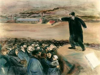 Un agitador ante los obreros. Un líder del movimiento obrero reivindica en un discurso los derechos de los trabajadores. Siglo XX. Colección privada
