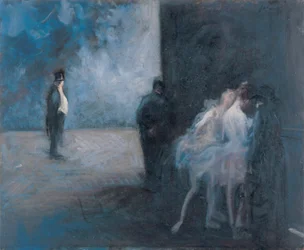 Backstage - Sinfonía en azul par Forain, Jean Louis (1852-1931), Entre 1900 y 1923 - Óleo sobre madera, 45,3x54,7 - Museo de Arte Ohara, Kurashiki