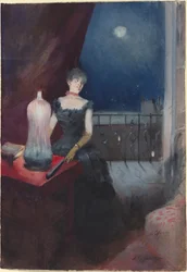 Mujer de pie con un abanico, probablemente 1880-1890
