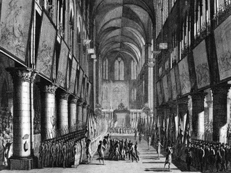 Revolución Francesa: Bendición de las banderas de la Guardia Nacional por Monseñor Juigné en la Iglesia de Notre Dame el 27 de septiembre