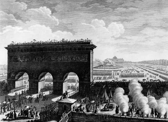 Revolución Francesa: Fiesta de la Federación el 14 de julio de 1790 en el Campo de Marte en París. Grabado por Berthaut después de Prior. París, Biblioteca del Instituto de Historia de la Revolución