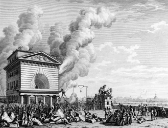 Revolución Francesa: Incendio de la barrera de la conferencia en París el 12 de julio de 1789. Grabado por Berthaut después de Prieur. París, Biblioteca del Instituto de Historia de la Revolución