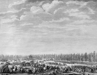 Revolución Francesa: Gilbert du Motier, Marqués de La Fayette (1757-1834) desarmó a doscientos soldados por indisciplina en los Campos Elíseos en París el 12 de enero de 1790. Grabado por Berthaut después de Prior. París, Biblioteca del Instituto de Histor