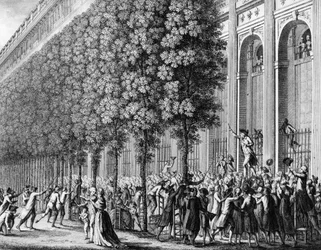 Revolución Francesa: Discurso en el Palacio Real por Camille Desmoulins (1760-1794) el 12 de julio de 1789. Grabado por Berthaut después de Prieur. París, Biblioteca del Instituto de Historia de la Revolución
