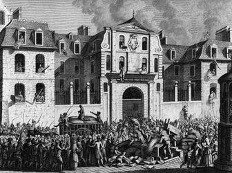 Revolución Francesa: Saqueo de la casa Saint Lazare en París el lunes 13 de julio de 1789 por los revolucionarios. Grabado de Berthaut después de Prior. París, Biblioteca del Instituto de Historia de la Revolución