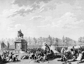 Revolución Francesa: Plaza Luis XV, los dragones de Charles Eugene de Lorraine, Príncipe de Lambesc cargaron un cortejo que llevaba los bustos de Jacques Necker y el Duque de Orleans el 12 de julio de 1789. Grabado por Berthaut después de Prior. París