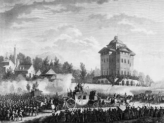 Revolución Francesa: Retorno de la Familia Real después del arresto en Varennes el 20 y 21 de junio de 1791: el Rey Luis XVI y María Antonieta fueron devueltos a París el 25 de junio de 1791. Grabado después de un dibujo de Prior. París, Biblioteca del Ins
