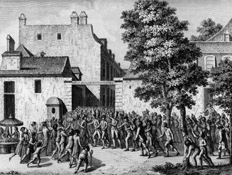 Revolución Francesa: Los Guardias Franceses rescatando a Monsieur du Chatelet, su coronel, de la excitación popular el 12 de julio