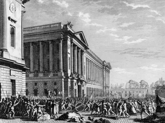 Revolución Francesa: El saqueo de armas en la guardia de muebles (o almacenamiento de muebles ahora hotel de la Marine) el 13 de julio de 1789, Place de la Concorde, París: la multitud, preocupada por el cerco de la capital por regimientos extranjeros, se 
