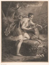 La ninfa de Diana saca una flecha del cuello de un ciervo La Nymphe de Diane (título sobre objeto)