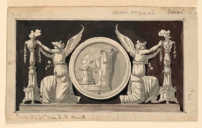 Panel decorativo: medallón con una escena de sacrificio entre dos victorias adornando candelabros
