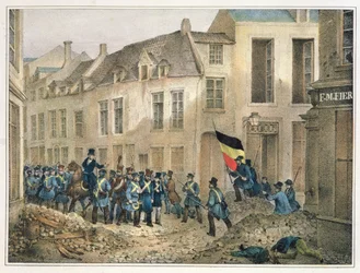 La Rue de Louvain, Bruselas, 23 de septiembre de 1830, grabado por A.M. Jobard
