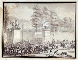 Revolución Francesa: Monsieur de Lambesc entrando en las Tullerías con un destacamento del Regimiento Real Alemán el 12 de julio de 1789