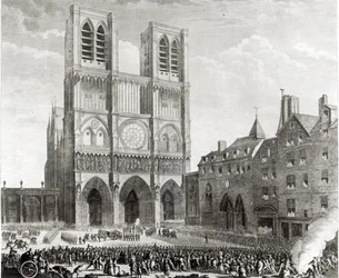 Thomas de Mahy (1744-90) Marqués de Favras haciendo enmiendas honorables ante Notre-Dame, grabado por Pierre Gabriel Berthault (1737-1831) 1790