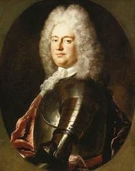 Retrato de un caballero, medio cuerpo, con armadura, un jabot blanco y una capa carmesí, en un óvalo pintado
