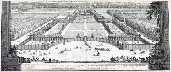 Perspectiva general del castillo de Richelieu, el patio de armas, los parterres, los jardines, etc.