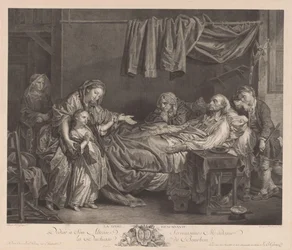 Familia alrededor de una cama enferma La Dame Bienfaisante (título sobre objeto)