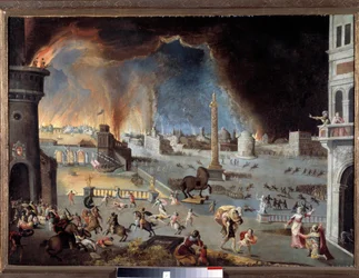 La toma de Troya - Escena de la guerra de Troya, la ciudad es devastada por los griegos que penetraron en ella gracias al caballo. Pintura de Jean Maublanc (1582-1628). Siglo XVII. Besançon, Museo de Bellas Artes - La caída de Troya - Escena de la guerra
