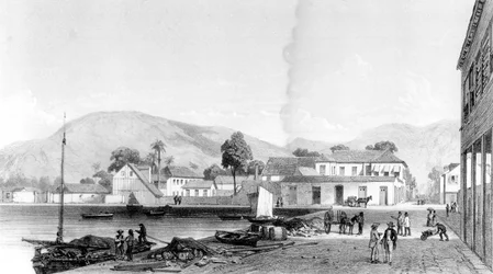 Aduana y Muelle de San Vicente, Trinidad, grabado por Eugene Ciceri, c.1850