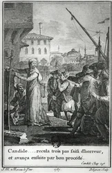 Cándido... retrocedió tres pasos horrorizado, y luego avanzó por buen proceder, ilustración del capítulo 29 de Cándido de François Voltaire (1694-1778) grabado por Jean Louis Delignon (1755-1804) 1787