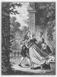 El primer beso de amor, volumen I, página 37, ilustración de «La Nouvelle Héloïse» de Jean-Jacques Rousseau (1712-78), grabada por Noël Le Mire (1724-1800)