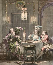 La cena gourmet - grabado por Isidore Stanislas Helman (1743-1809) 1781 después de Moreau, Jean Michel el Joven (1741-1814)
