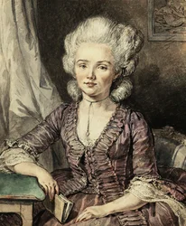 Una joven sentada junto a una mesa con un libro, 1785