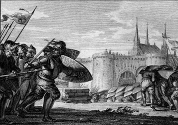 Ejército vikingo atacando Saint Germain des Pres (Saint-Germain-des-Pres) y su abadía. Siglo IX (reinado de Carlos II el Calvo). Grabado de Jean Michel Moreau, llamado Moreau el Joven (1741-1814).